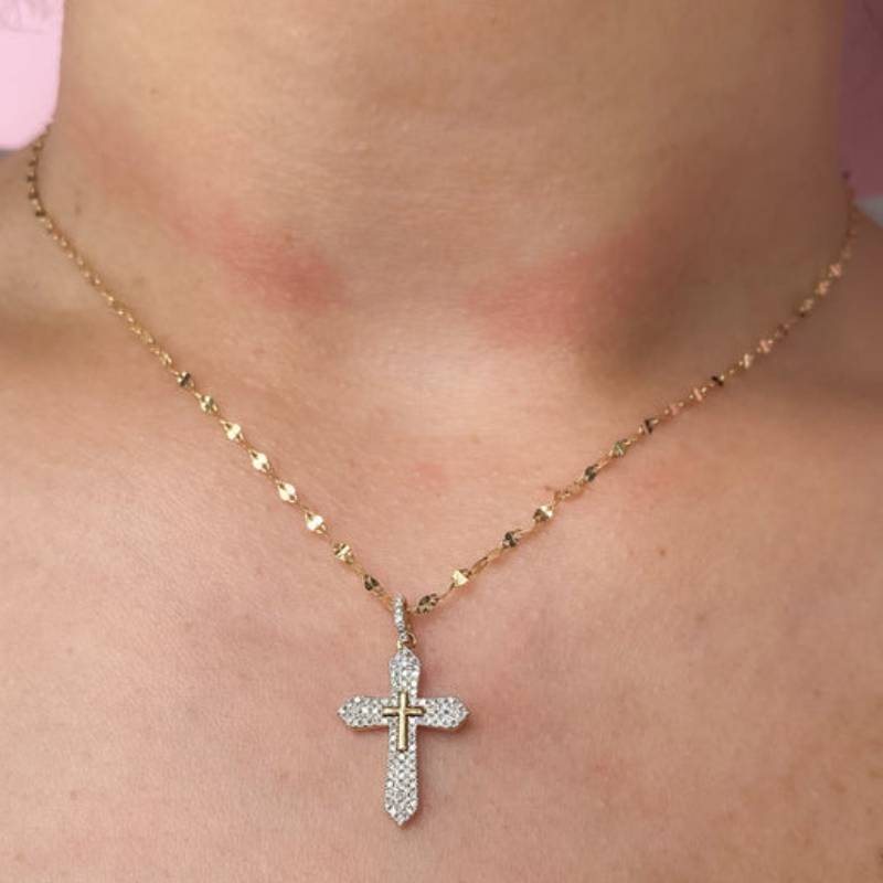 Shy Creation Kate Women's 0.17 ct. Diamond Pave Cross Sparkle Chain Necklace in 14K Yellow Gold