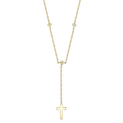Shy Creation Kate 0.04 ct. Diamond Bezel Cross Lariat Necklace in 14K Yellow Gold