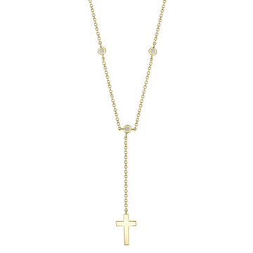 Shy Creation Kate 0.04 ct. Diamond Bezel Cross Lariat Necklace in 14K Yellow Gold