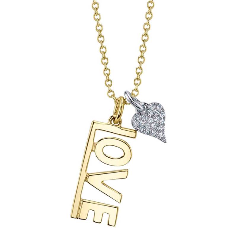 Shy Creation Kate Women's 0.04 ct. Diamond Heart "Love" Necklace in 14K Two Tone Yellow Gold