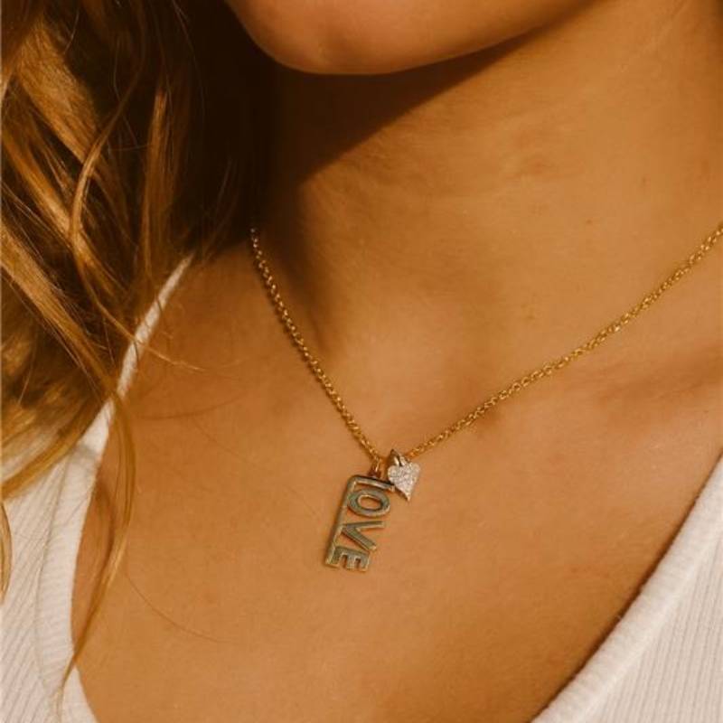 Shy Creation Kate Women's 0.04 ct. Diamond Heart "Love" Necklace in 14K Two Tone Yellow Gold