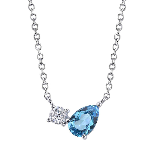 Shy Creation Kate Women's 0.11 ct. Diamond & 0.54 ct. Swiss Blue Topaz Pear Necklace in 14K White Gold