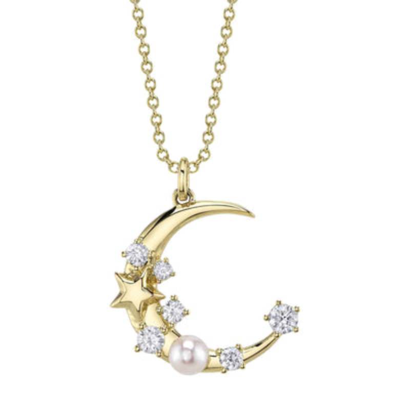 Shy Creation Jackie 0.30 ct. Diamond & Cultured Pearl Crescent Moon & Star Necklace in 14K Yellow Gold