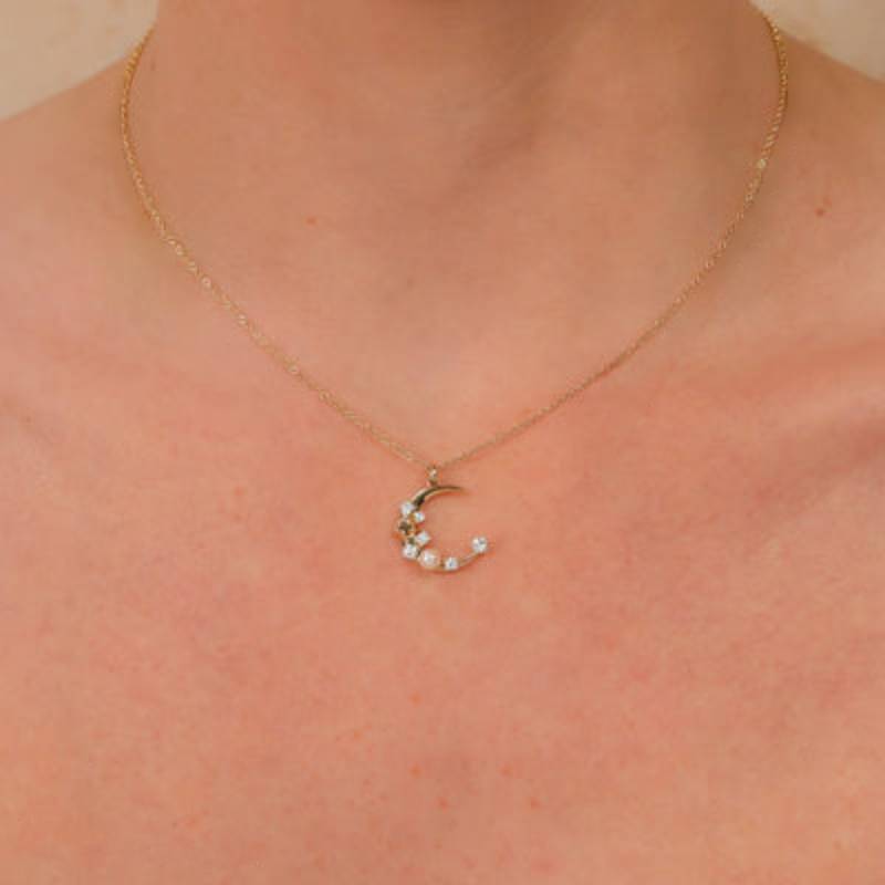 Shy Creation Jackie 0.30 ct. Diamond & Cultured Pearl Crescent Moon & Star Necklace in 14K Yellow Gold