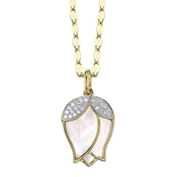 Shy Creation Kate Women's 0.06 ct. Diamond & 1.74 ct. Mother of Pearl Flower Sparkle Chain Necklace in 14K Yellow Gold