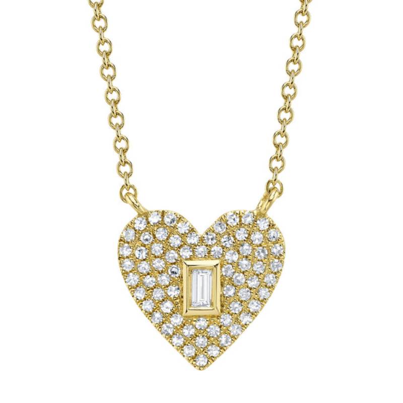 Shy Creation Kate Women's 0.18 ct. Diamond Baguette Pave Heart Necklace in 14K Yellow Gold