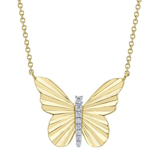 Shy Creation Kate Women's 0.06 ct. Diamond Ribbed Butterfly Necklace in 14K Yellow Gold