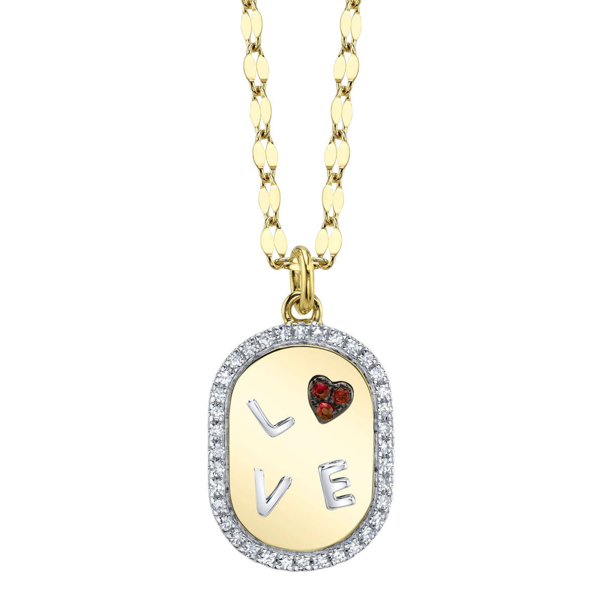 Shy Creation Kate Women's 0.10 ct. Diamond & 0.02 ct. Ruby Heart "Love" Oval Sparkle Chain Necklace in 14K Two Tone Yellow Gold