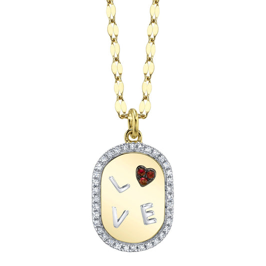 Shy Creation Kate Women's 0.10 ct. Diamond & 0.02 ct. Ruby Heart "Love" Oval Sparkle Chain Necklace in 14K Two Tone Yellow Gold