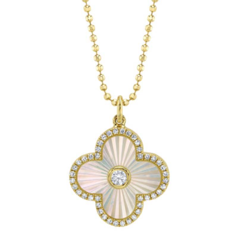 Shy Creation Kate 0.18 ct. Diamond & 0.94 Ct. Mother of Pearl Bezel Ribbed Clover Faceted Ball Chain Necklace in 14K Yellow Gold