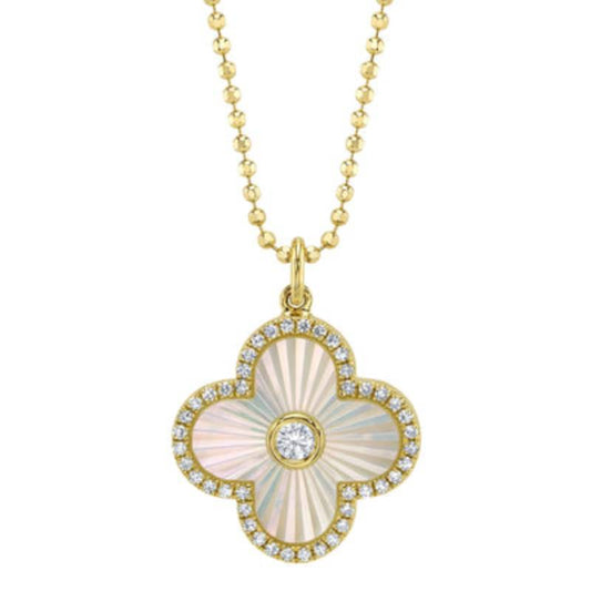 Shy Creation Kate 0.18 ct. Diamond & 0.94 Ct. Mother of Pearl Bezel Ribbed Clover Faceted Ball Chain Necklace in 14K Yellow Gold
