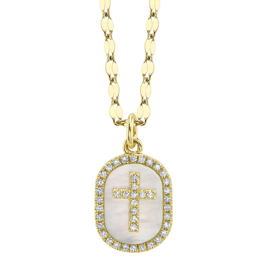 Shy Creation Kate Women's 18" 0.11 ct. Diamond & 0.95 ct. Mother of Pearl Oval Cross Sparkle Chain Necklace in 14K Yellow Gold
