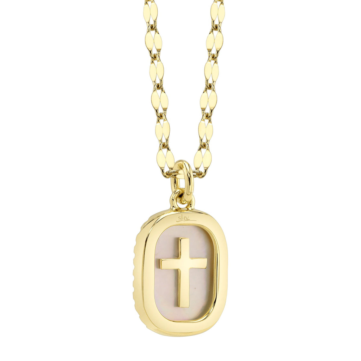Shy Creation Kate Women's 18" 0.11 ct. Diamond & 0.95 ct. Mother of Pearl Oval Cross Sparkle Chain Necklace in 14K Yellow Gold