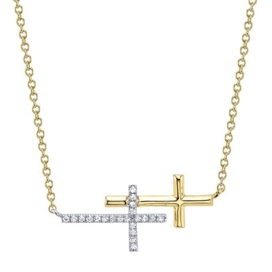 Shy Creation Kate Women's 0.06 ct. Diamond Sideway Cross Necklace in 14K Two Tone Yellow Gold