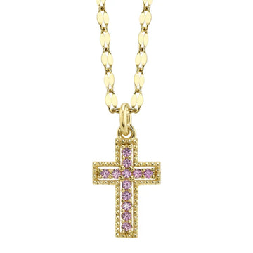 Shy Creation Kate 0.11 ct. Pink Sapphire Cross Sparkle Chain Necklace in 14K Yellow Gold