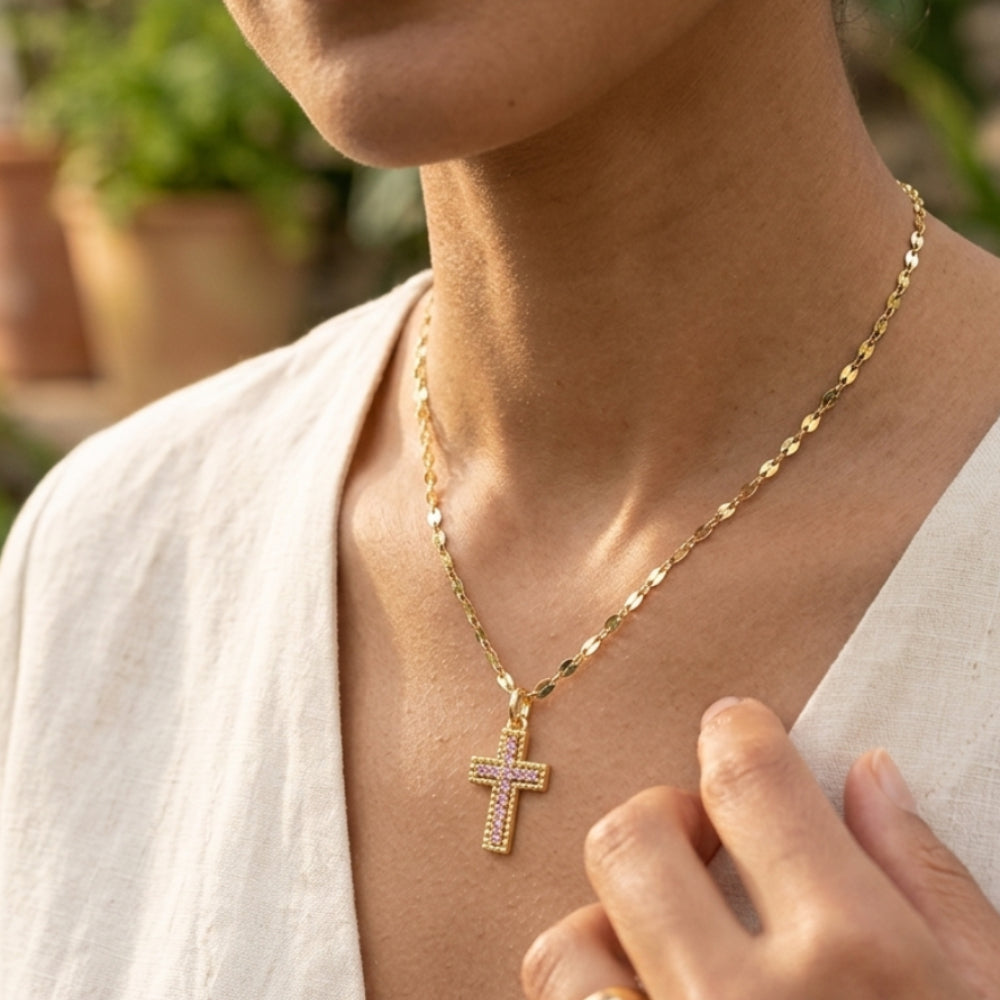 Shy Creation Kate 0.11 ct. Pink Sapphire Cross Sparkle Chain Necklace in 14K Yellow Gold