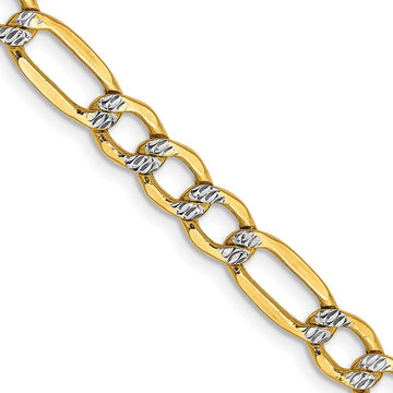 14K Yellow Gold Unisex 24" Semi-Solid Pavé Figaro Rhodium-Plated Chain