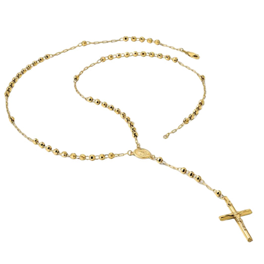 14K Yellow Gold Unisex 24" Crucifix and Miraculous Medal and Mirror Beaded Rosary Necklace