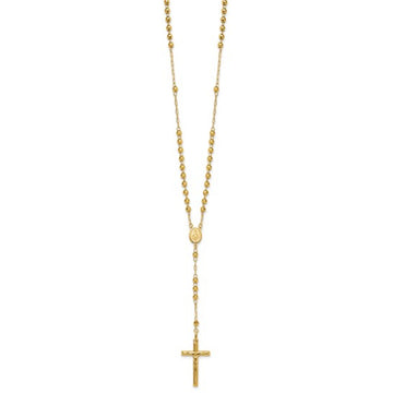 14K Yellow Gold Unisex 24" Crucifix and Miraculous Medal and Mirror Beaded Rosary Necklace