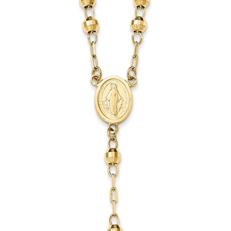 14K Yellow Gold Unisex 24" Crucifix and Miraculous Medal and Mirror Beaded Rosary Necklace