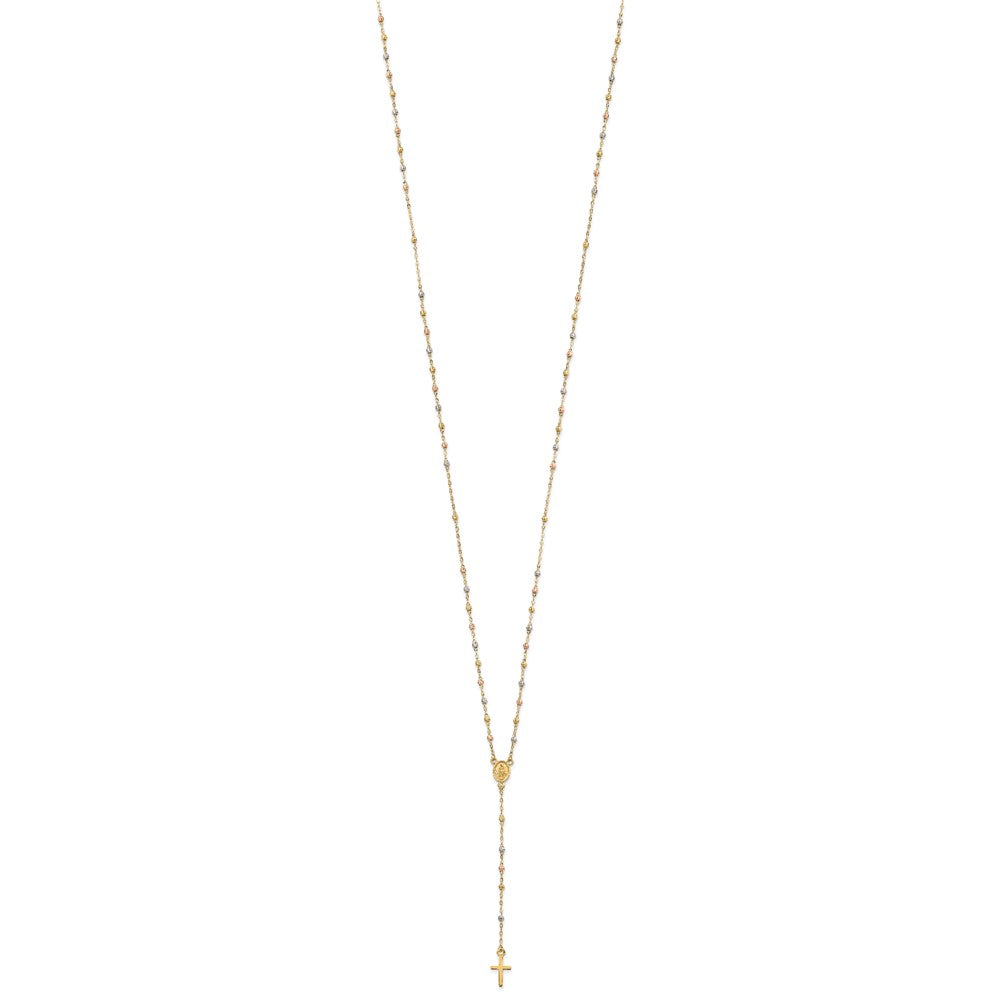 14K Tri-Color Gold Unisex 17" Cross and Miraculous Medal Laser-Cut Beaded Rosary Necklace with Extender