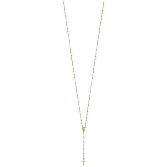 14K Tri-Color Gold Unisex 17" Cross and Miraculous Medal Laser-Cut Beaded Rosary Necklace with Extender