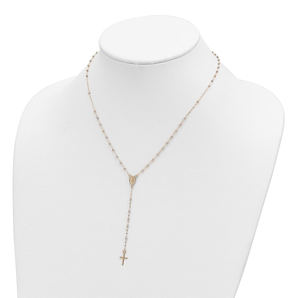 14K Tri-Color Gold Unisex 17" Cross and Miraculous Medal Laser-Cut Beaded Rosary Necklace with Extender