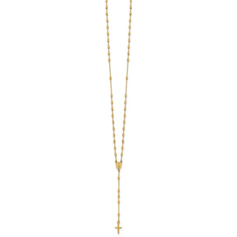 14K Yellow Gold Unisex 16.75" Cross and Miraculous Medal Beaded Rosary Necklace with Extender