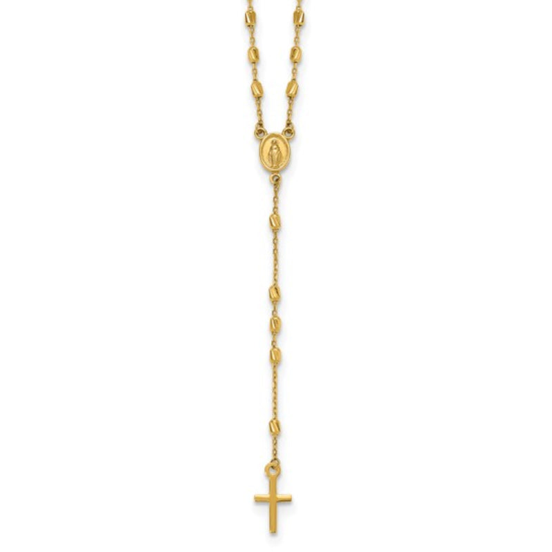 14K Yellow Gold Unisex 16.75" Cross and Miraculous Medal Beaded Rosary Necklace with Extender