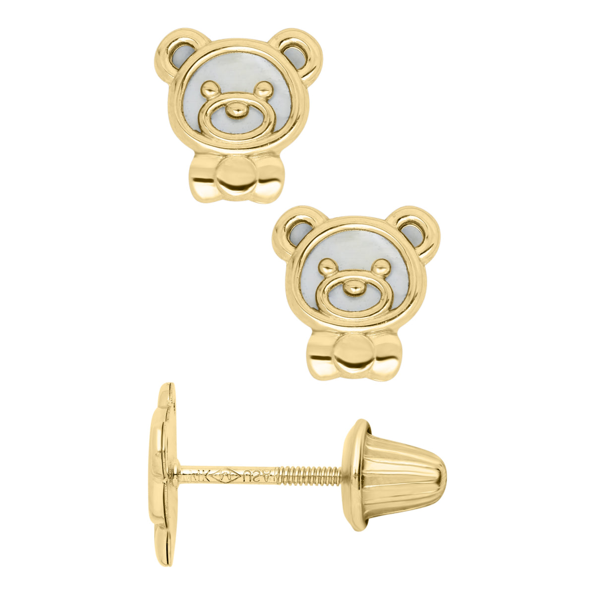 Marathon Mother of Pearl Teddy Bear Earrings in 14K Yellow Gold