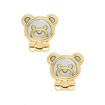 Marathon Mother of Pearl Teddy Bear Earrings in 14K Yellow Gold