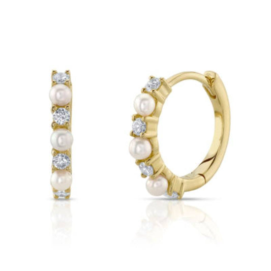 Shy Creation Jackie 0.14 ct. Diamond & Cultured Pearl Huggie Earrings in 14K Yellow Gold