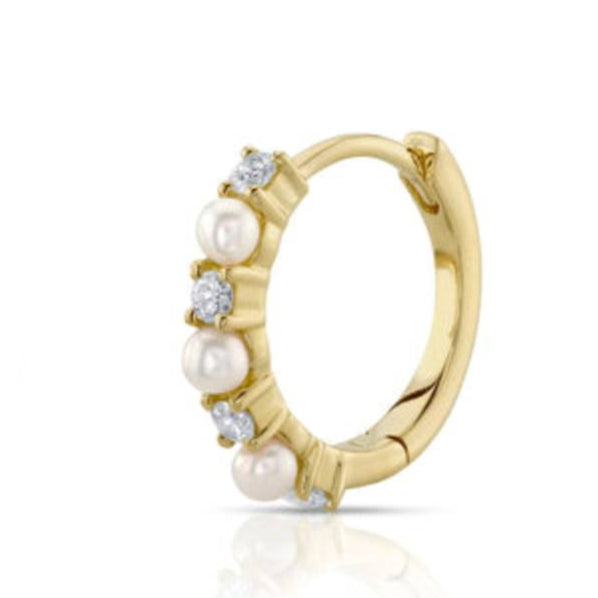 Shy Creation Jackie 0.14 ct. Diamond & Cultured Pearl Huggie Earrings in 14K Yellow Gold