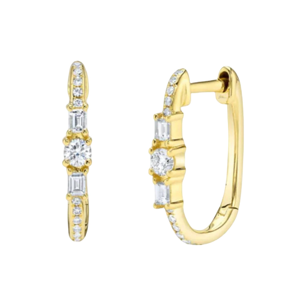 Shy Creation Women's 0.28ct Diamond Baguette Oval Hoop Earring in 14K Yellow Gold