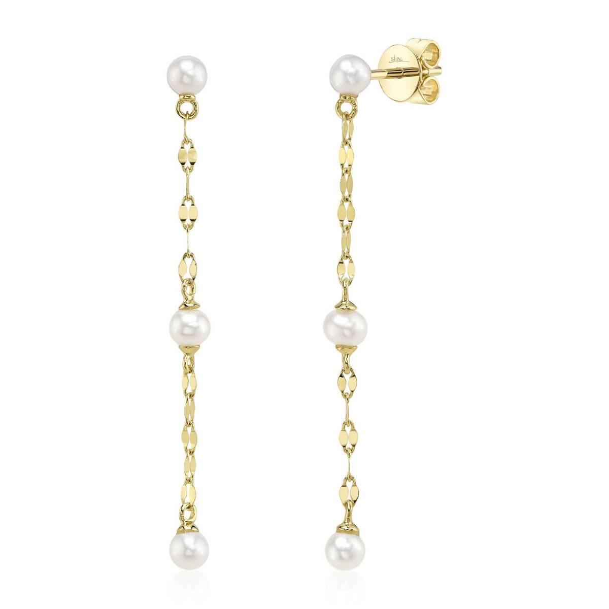 Shy Creation Jackie Women's Cultured Pearl Sparkle Chain Earrings in 14K Yellow Gold