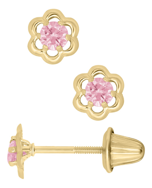 Pendientes Marathon con flor abierta en oro amarillo de 14 quilates y circonita cúbica rosa para mujer