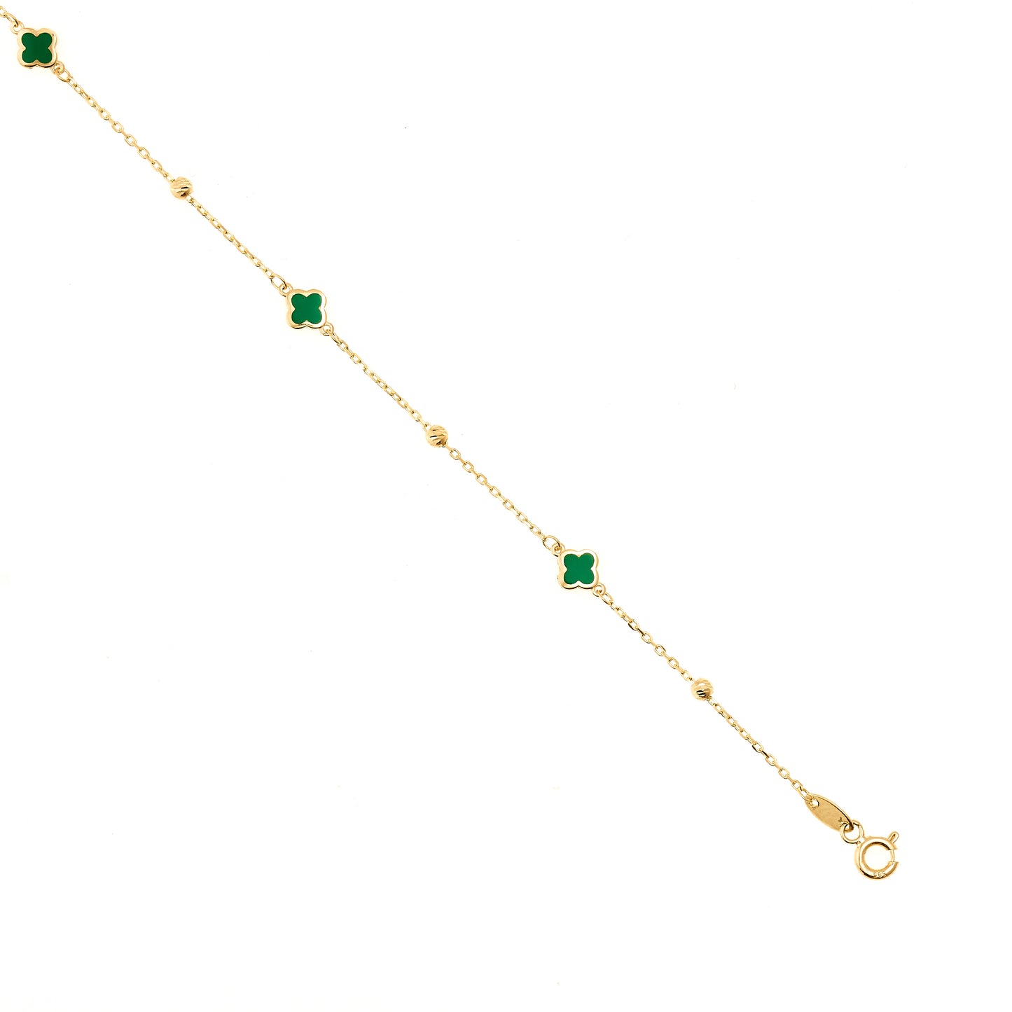 14K Yellow Gold Green Enamel Clover Bracelet