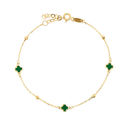 14K Yellow Gold Green Enamel Clover Bracelet