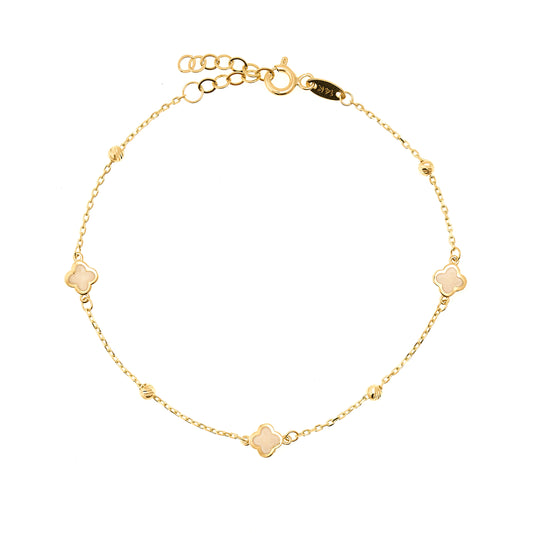 14K Yellow Gold 7.5" Clover Pearl Bracelet