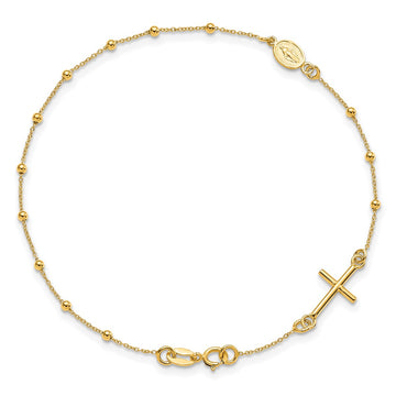 14K Yellow Gold Women's 6.5" Miraculous Medal and Cross Rosary Bracelet