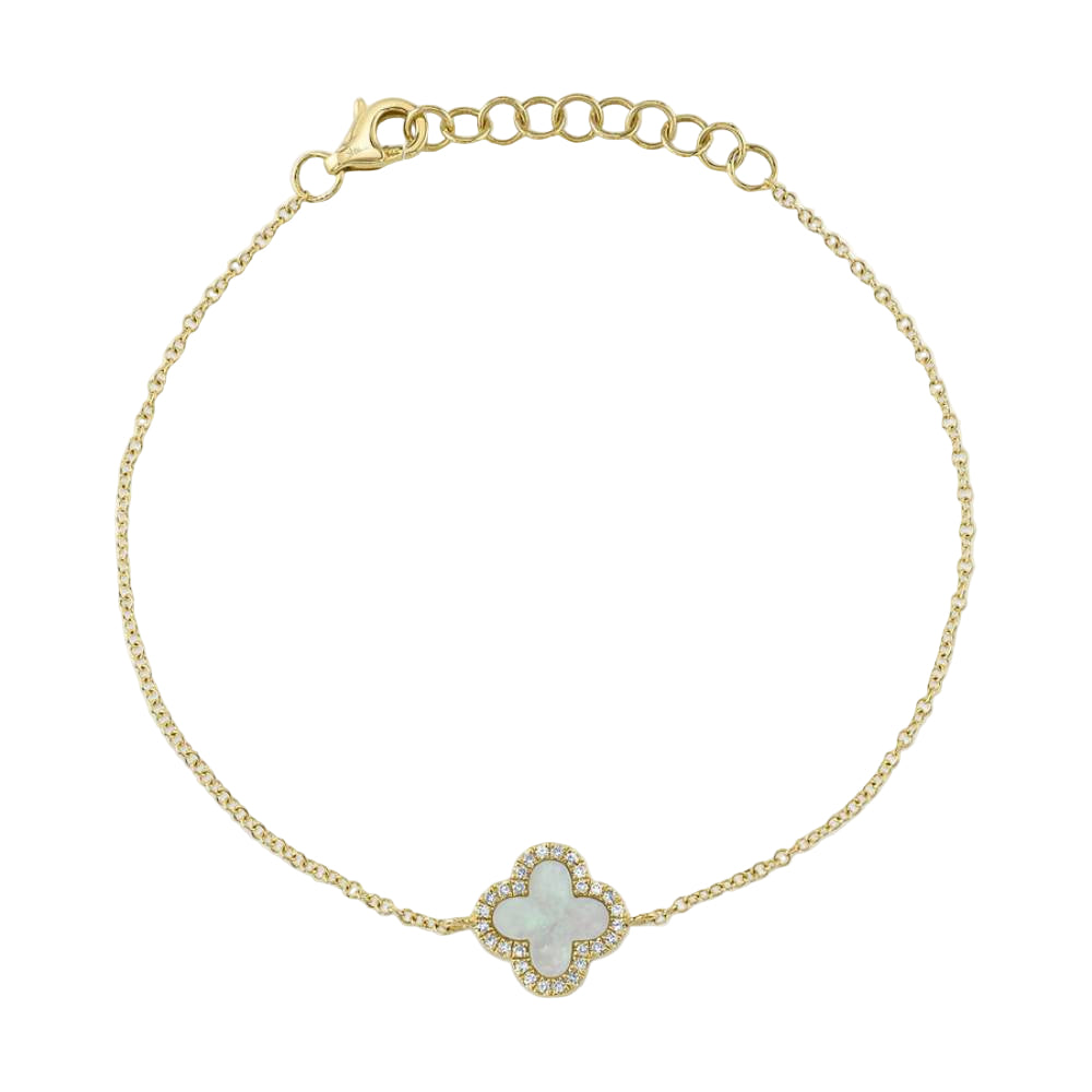 Shy Creation Kate Women's 0.07 ct. Diamond & 0.40 ct. Mother of Pearl Clover Bracelet in 14K Yellow Gold