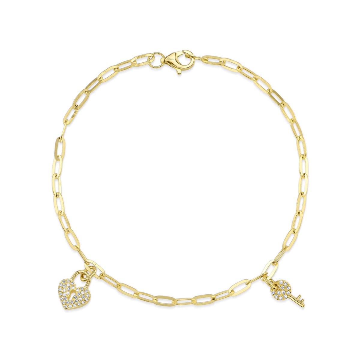 Shy Creation Kate Women's 0.10 ct. Diamond Pave Heart Lock & Key Paper Clip Link Bracelet in 14K Yellow Gold