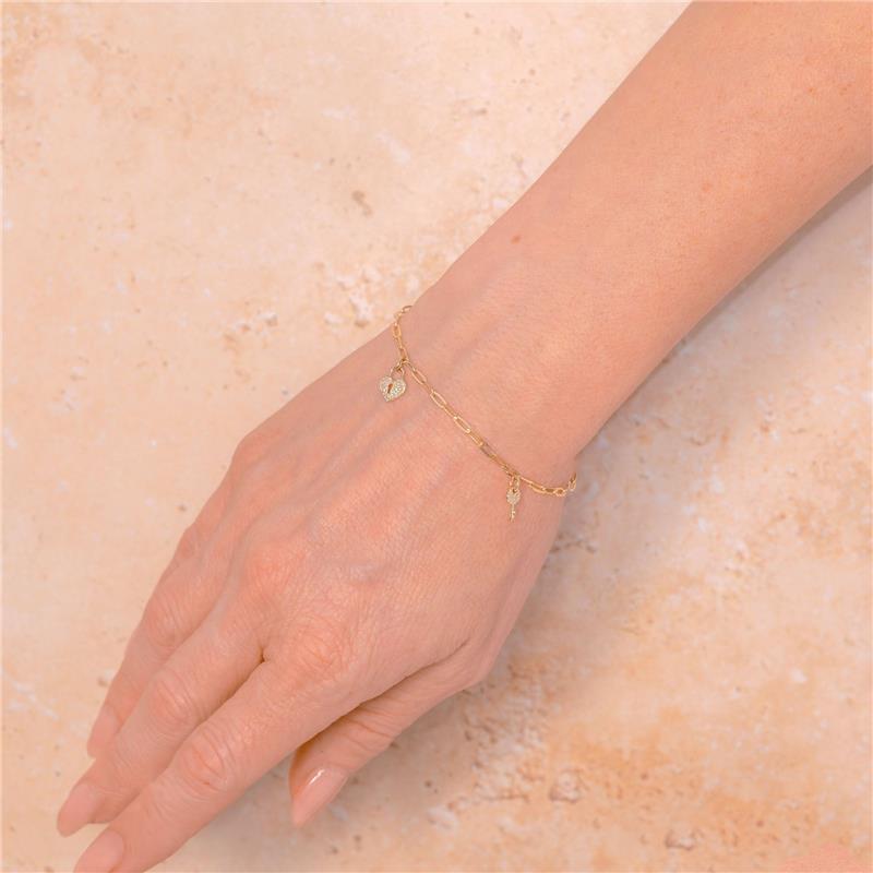 Shy Creation Kate Women's 0.10 ct. Diamond Pave Heart Lock & Key Paper Clip Link Bracelet in 14K Yellow Gold