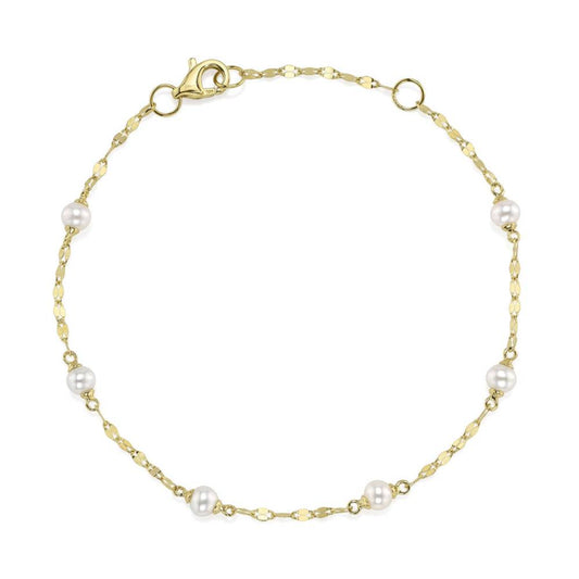 Shy Creation Jackie Women's Cultured Pearl Sparkle Chain Bracelet in 14K Yellow Gold