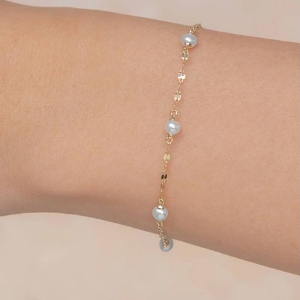 Shy Creation Jackie Women's Cultured Pearl Sparkle Chain Bracelet in 14K Yellow Gold