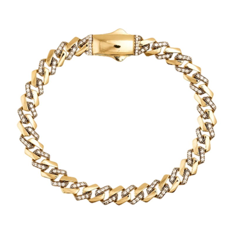 10K Yellow Gold Men's 8" Cubic Zirconia Curb Hollow Bracelet