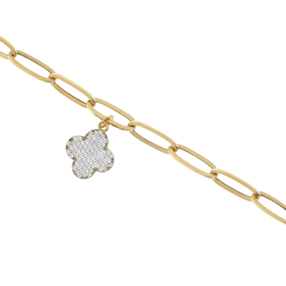 14K Women's Paperclip Clover Charm Bracelet in 10K Yellow Gold