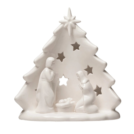 Creative Co-op Holy Family Candle Holder with Tree and Cut-Outs - White