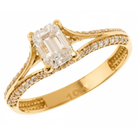 10K Yellow Gold Rectangle Cubic Zirconia Engagement Ring - Size 7