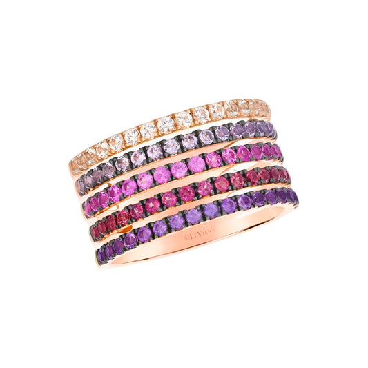 Le Vian Ombre 0.33 ct. Bubble Gum Pink Sapphire, 0.33 ct. Vanilla Sapphire, 0.33 ct. Raspberry Rhodolite, 0.2 ct. Grape Amethyst and 0.2 ct. Cotton Candy Amethyst Ring in 14K Strawberry Gold (Size 7)